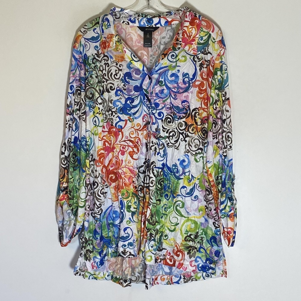 Ali Miles Top Womens 2X Multicolor Abstract Button Front Tunic Roll Tab Sleeve